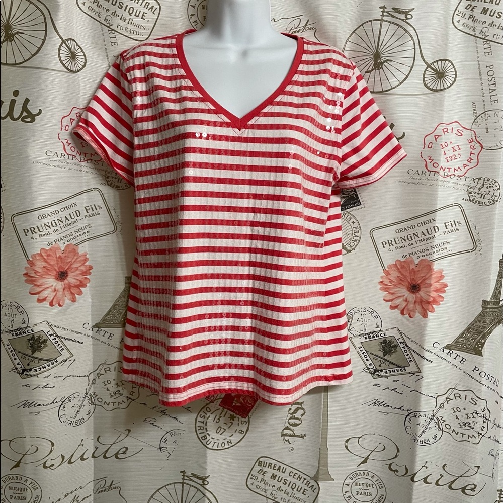 Orange and White Stripe Sequin Top